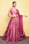 Buy_Khwaab by Sanjana Lakhani_Purple Blend Silk Embroidered Floral V Neck Rose Blouse Lehenga Set_at_Aza_Fashions