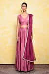 Buy_Khwaab by Sanjana Lakhani_Purple Blend Silk Embroidered Floral V Neck Rose Blouse Lehenga Set_Online_at_Aza_Fashions