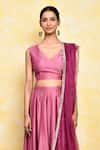 Shop_Khwaab by Sanjana Lakhani_Purple Blend Silk Embroidered Floral V Neck Rose Blouse Lehenga Set_Online_at_Aza_Fashions