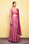 Khwaab by Sanjana Lakhani_Purple Blend Silk Embroidered Floral V Neck Rose Blouse Lehenga Set_at_Aza_Fashions