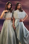 Buy_COUTURE BY NIHARIKA_Blue Satin And Organza Hand Embroidered Sequins With Draped Skirt Set _Online_at_Aza_Fashions