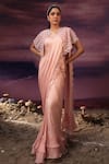 Buy_COUTURE BY NIHARIKA_Peach Satin Georgette Scallop Bordered Pre-draped Saree Set With Cape  _at_Aza_Fashions