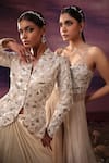 Shop_COUTURE BY NIHARIKA_Ivory Satin Embroidery Cutdana V Geometric Jacket And Draped Skirt Set  _Online_at_Aza_Fashions