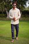 Buy_Linen Bloom_Beige 100% Linen Print Crane Embroidered Shirt_at_Aza_Fashions