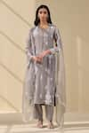 Buy_Meesa_Grey Organza Embroidery Thread Notched Round Fleur Kurta Pant Set  _at_Aza_Fashions