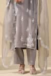 Meesa_Grey Organza Embroidery Thread Notched Round Fleur Kurta Pant Set  _Online_at_Aza_Fashions