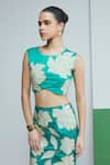 Studio Radical_Green Silk Lining Shantoon Applique Gardenia Zari Crop Top With Pencil Skirt _Online_at_Aza_Fashions