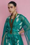 Studio Radical_Green Cape Organza Applique Fleur Kimono V Neck Bootcut Pant Set _Online_at_Aza_Fashions