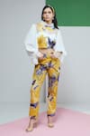 Studio Radical_White Crop Shirt Organza Applique Iris Blossom Collar Neck Pant Set _Online_at_Aza_Fashions