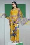 Buy_Studio Radical_Yellow Cape Organza Print Bloom Garden Boat Neck Flared Pant Set _at_Aza_Fashions