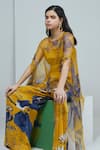 Buy_Studio Radical_Yellow Cape Organza Print Bloom Garden Boat Neck Flared Pant Set _Online_at_Aza_Fashions