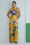 Studio Radical_Yellow Cape Organza Print Botanic Bloom Halter Neck Applique Pant Set _Online_at_Aza_Fashions