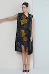 Buy_Studio Radical_Black Dress Silk Satin Print Blossom Garden With Sheer Applique _at_Aza_Fashions
