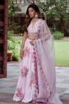Buy_Charu Makkar_Pink Muslin Raw Silk Printed Floral Plunged V Lehenga Set _at_Aza_Fashions