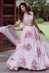 Shop_Charu Makkar_Pink Muslin Raw Silk Printed Floral Plunged V Lehenga Set _at_Aza_Fashions