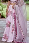 Charu Makkar_Pink Muslin Raw Silk Printed Floral Plunged V Lehenga Set _Online_at_Aza_Fashions