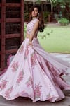 Buy_Charu Makkar_Pink Muslin Raw Silk Printed Floral Plunged V Lehenga Set _Online_at_Aza_Fashions