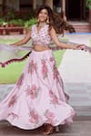 Shop_Charu Makkar_Pink Muslin Raw Silk Printed Floral Plunged V Lehenga Set _Online_at_Aza_Fashions