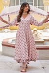 Charu Makkar_Pink Muslin Raw Silk Printed Floral V Neck Anarkali Palazzo Set _Online_at_Aza_Fashions