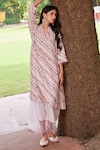 Buy_Charu Makkar_Pink Muslin Raw Silk Printed Floral V Neck Striped Kurta And Palazzo Set _at_Aza_Fashions