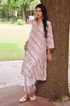 Charu Makkar_Pink Muslin Raw Silk Printed Floral V Neck Striped Kurta And Palazzo Set _Online_at_Aza_Fashions