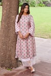 Buy_Charu Makkar_Pink Muslin Raw Silk Printed Floral Keyhole Peacock Kurta And Palazzo Set _at_Aza_Fashions