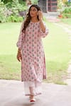 Charu Makkar_Pink Muslin Raw Silk Printed Floral Keyhole Peacock Kurta And Palazzo Set _Online_at_Aza_Fashions