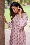 Shop_Charu Makkar_Pink Muslin Raw Silk Printed Floral Keyhole Peacock Kurta And Palazzo Set _Online_at_Aza_Fashions