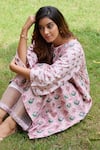 Charu Makkar_Pink Muslin Raw Silk Printed Floral Keyhole Peacock Kurta And Palazzo Set _at_Aza_Fashions