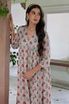 Charu Makkar_Pink Muslin Raw Silk Printed Floral V Neck Peacock Kurta And Pant Set _Online_at_Aza_Fashions