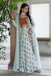 Buy_Charu Makkar_Blue Modal Satin Pure Printed Floral Blouse U Neck Sharara Set With Jacket _at_Aza_Fashions