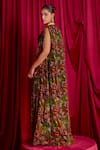 TYOHAR_Green Pure Crepe Printed Floral Plunged V Embroidered Shrug And Palazzo Set _Online_at_Aza_Fashions