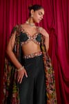 Shop_TYOHAR_Green Pure Crepe Printed Floral Plunged V Embroidered Shrug And Palazzo Set _at_Aza_Fashions