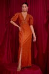 Buy_TYOHAR_Orange Silk Embroidered Floral Plunged V Mawya Tonal Dress  _at_Aza_Fashions