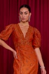 TYOHAR_Orange Silk Embroidered Floral Plunged V Mawya Tonal Dress  _Online_at_Aza_Fashions