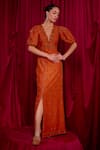 Buy_TYOHAR_Orange Silk Embroidered Floral Plunged V Mawya Tonal Dress  _Online_at_Aza_Fashions