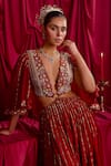 Shop_TYOHAR_Red Satin Chiffon Embroidery Cutdana Deep V Neck Oorvi Crystal Jumpsuit _Online_at_Aza_Fashions