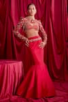 Buy_TYOHAR_Red Jacket - Organza Embroidery Floral Jacket Mermaid Lehenga Set _at_Aza_Fashions