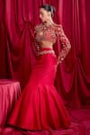TYOHAR_Red Jacket - Organza Embroidery Floral Jacket Mermaid Lehenga Set _Online_at_Aza_Fashions