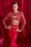 Buy_TYOHAR_Red Jacket - Organza Embroidery Floral Jacket Mermaid Lehenga Set _Online_at_Aza_Fashions