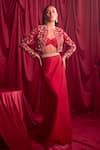 Buy_TYOHAR_Red Silk Embroidery Floral Jacket Open Neck Skirt Set_at_Aza_Fashions