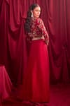 TYOHAR_Red Silk Embroidery Floral Jacket Open Neck Skirt Set_Online_at_Aza_Fashions
