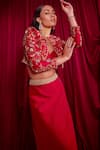 Shop_TYOHAR_Red Silk Embroidery Floral Jacket Open Neck Skirt Set_at_Aza_Fashions