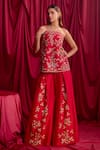 Buy_TYOHAR_Red Silk Embroidery Floral Straight Neck Strapless Tunic With Palazzo _at_Aza_Fashions