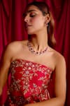 Shop_TYOHAR_Red Silk Embroidery Floral Straight Neck Strapless Tunic With Palazzo _at_Aza_Fashions