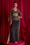 Buy_TYOHAR_Black Silk Embroidery Floral Jacket V Neck Bloom Skirt Set  _at_Aza_Fashions