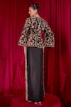 Shop_TYOHAR_Black Silk Embroidery Floral Jacket V Neck Bloom Skirt Set  _at_Aza_Fashions