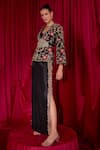 TYOHAR_Black Silk Embroidery Floral Jacket V Neck Bloom Skirt Set  _Online_at_Aza_Fashions