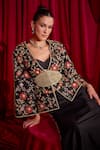 Buy_TYOHAR_Black Silk Embroidery Floral Jacket V Neck Bloom Skirt Set  _Online_at_Aza_Fashions