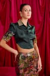 Shop_TYOHAR_Green Shirt - Pure Satin Print Cutdana Collared Neck Cropped With Floral Skirt _at_Aza_Fashions